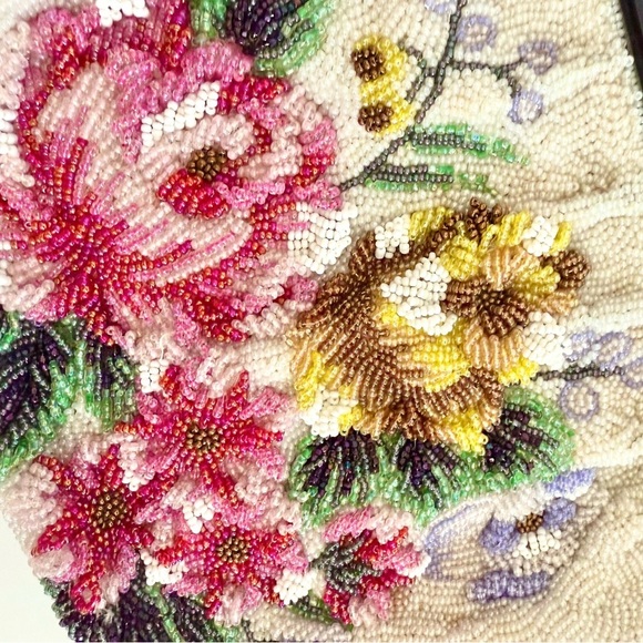 Vintage 50s Beaded Evening Purse Floral Acrylic Top Handle Bag Satin - Picture 5 of 10